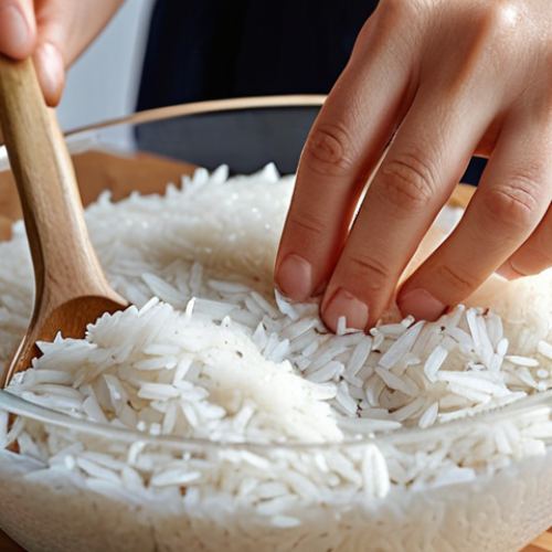 Home 13 Water-Saving Rice Washing**
"A close-up shot of hands gently stirring white rice in a clear glass bowl, with just enough water to cover the rice, showcasing the milky starch being released. The setting is a clean, modern German kitchen with natural light. Emphasize the mindful act of saving water, with no running tap visible. The image should convey a sense of calm efficiency and sustainability. Realistic photography style."
2. **Prompt for