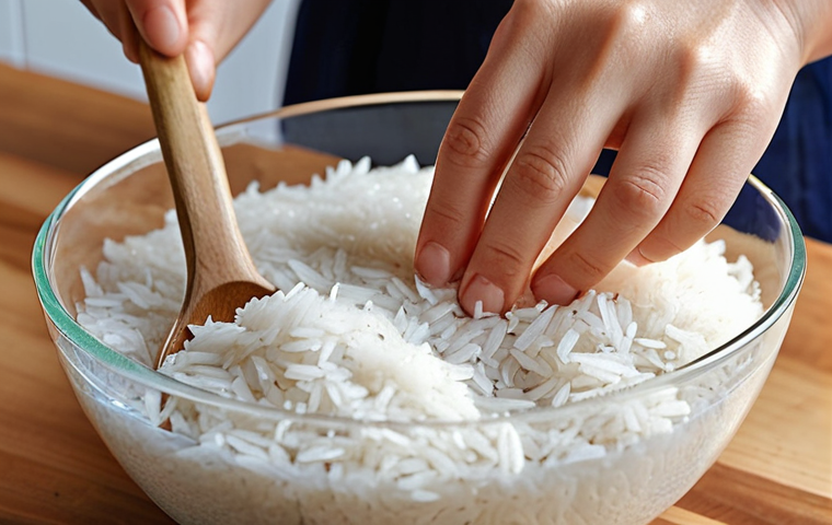Water-Saving Rice Washing**
"A close-up shot of hands gently stirring white rice in a clear glass bowl, with just enough water to cover the rice, showcasing the milky starch being released. The setting is a clean, modern German kitchen with natural light. Emphasize the mindful act of saving water, with no running tap visible. The image should convey a sense of calm efficiency and sustainability. Realistic photography style."
2. **Prompt for