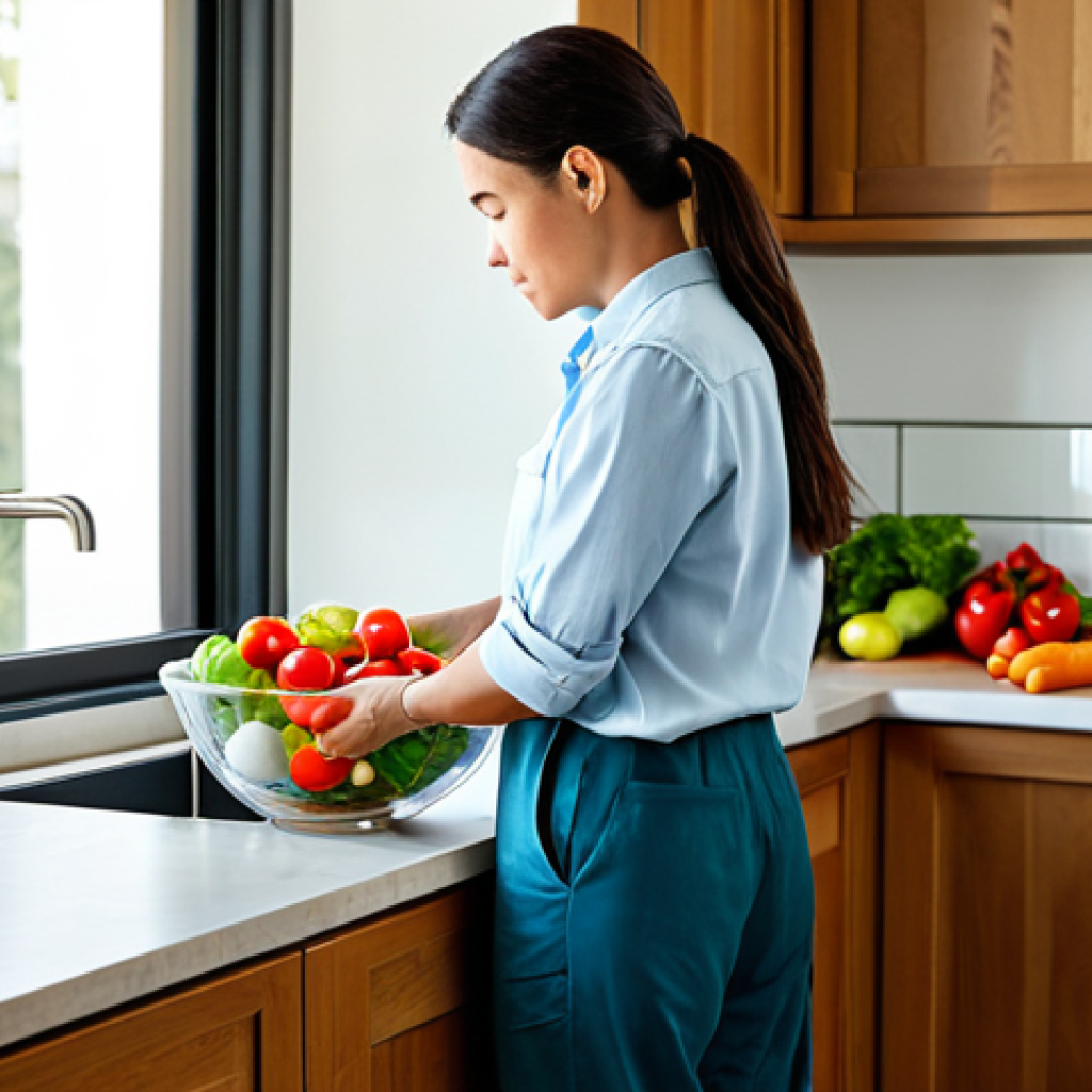A professional adult woman, fully clothed in a modest, light-colored shirt and practical trousers, stands in a brightly lit, modern kitchen. She is attentively washing a variety of fresh, colorful vegetables in a large, clear glass bowl filled with water on a clean countertop. The background features a tidy kitchen with subtle wooden elements and natural light streaming through a window. The focus is on the mindful act of water conservation. safe for work, appropriate content, fully clothed, family-friendly, perfect anatomy, correct proportions, natural pose, well-formed hands, proper finger count, natural body proportions, professional photography, high quality.