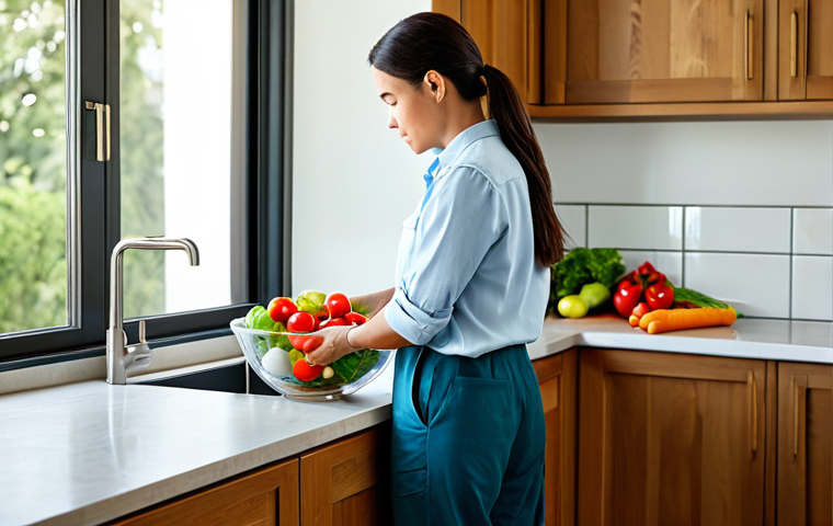 A professional adult woman, fully clothed in a modest, light-colored shirt and practical trousers, stands in a brightly lit, modern kitchen. She is attentively washing a variety of fresh, colorful vegetables in a large, clear glass bowl filled with water on a clean countertop. The background features a tidy kitchen with subtle wooden elements and natural light streaming through a window. The focus is on the mindful act of water conservation. safe for work, appropriate content, fully clothed, family-friendly, perfect anatomy, correct proportions, natural pose, well-formed hands, proper finger count, natural body proportions, professional photography, high quality.