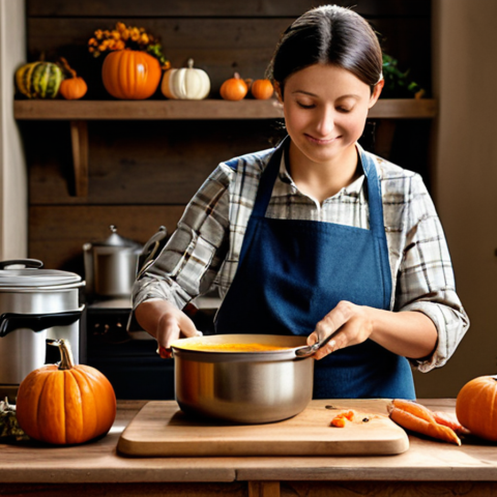Cozy Autumn Soup Scene**
"A family-friendly autumn scene showcasing a rustic kitchen, a woman in a modest apron preparing a vegetable soup using seasonal ingredients like pumpkin and carrots, fully clothed, appropriate attire. The setting includes a wooden table with a bowl of steaming soup, surrounded by fall foliage and soft, warm lighting. The background features reusable containers and tools, emphasizing sustainability. Perfect anatomy, correct proportions, natural pose, well-formed hands, proper finger count. Professional photography, high quality, safe for work, appropriate content, professional, modest."
**