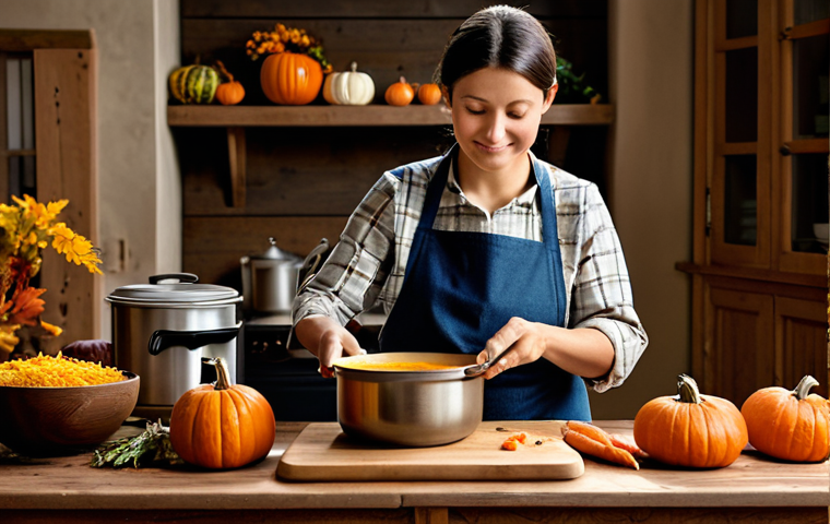 Cozy Autumn Soup Scene**
"A family-friendly autumn scene showcasing a rustic kitchen, a woman in a modest apron preparing a vegetable soup using seasonal ingredients like pumpkin and carrots, fully clothed, appropriate attire. The setting includes a wooden table with a bowl of steaming soup, surrounded by fall foliage and soft, warm lighting. The background features reusable containers and tools, emphasizing sustainability. Perfect anatomy, correct proportions, natural pose, well-formed hands, proper finger count. Professional photography, high quality, safe for work, appropriate content, professional, modest."
**