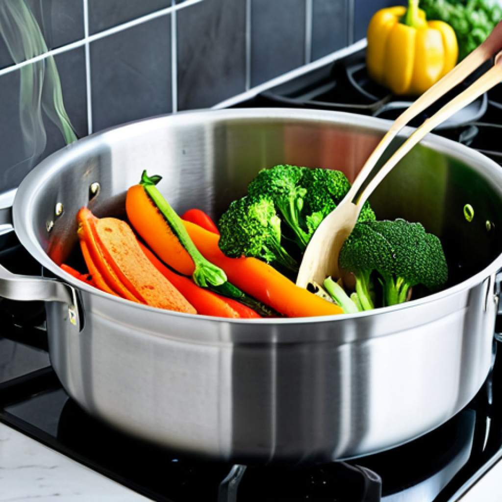 **

A modern, bright kitchen. A person, fully clothed in appropriate attire, is using a bamboo steamer basket over a pot on the stove. Vegetables, such as broccoli, carrots, and bell peppers, are visibly steaming inside. Fresh herbs (parsley, thyme) are scattered around.  Steam is rising, creating a soft, inviting atmosphere. "Safe for work," "appropriate content," "fully clothed," "modest cooking," "family-friendly," "perfect anatomy," "correct proportions," "natural pose," "high quality," "professional food photography."

**