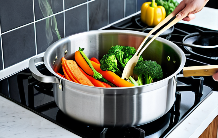 **
A modern, bright kitchen. A person, fully clothed in appropriate attire, is using a bamboo steamer basket over a pot on the stove. Vegetables, such as broccoli, carrots, and bell peppers, are visibly steaming inside. Fresh herbs (parsley, thyme) are scattered around. Steam is rising, creating a soft, inviting atmosphere. "Safe for work," "appropriate content," "fully clothed," "modest cooking," "family-friendly," "perfect anatomy," "correct proportions," "natural pose," "high quality," "professional food photography."
**