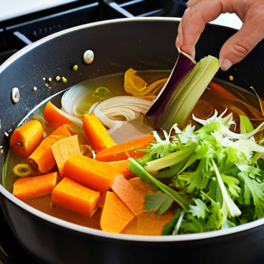 물 절약을 위한 전통 요리법 - Leftover Vegetable Broth Creation**

"Close-up shot of colorful vegetable scraps (carrot peels, cele...
