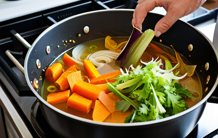 물 절약을 위한 전통 요리법 - Leftover Vegetable Broth Creation**
"Close-up shot of colorful vegetable scraps (carrot peels, cele...