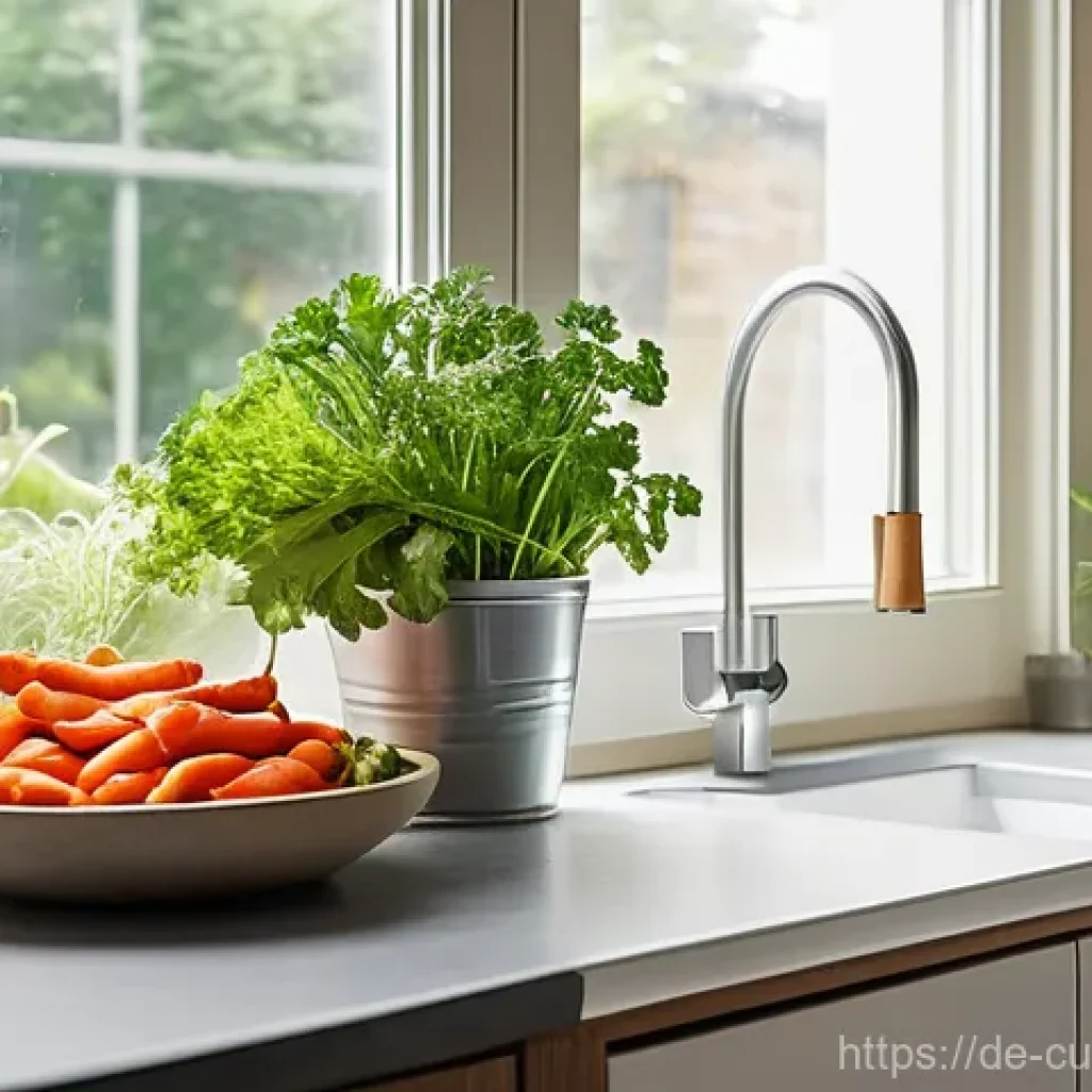 물 절약을 위한 요리 습관 개선 - **Prompt:** A brightly lit, modern European kitchen with a clean, minimalist design. A woman in her ...