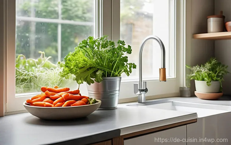 물 절약을 위한 요리 습관 개선 - **Prompt:** A brightly lit, modern European kitchen with a clean, minimalist design. A woman in her ...