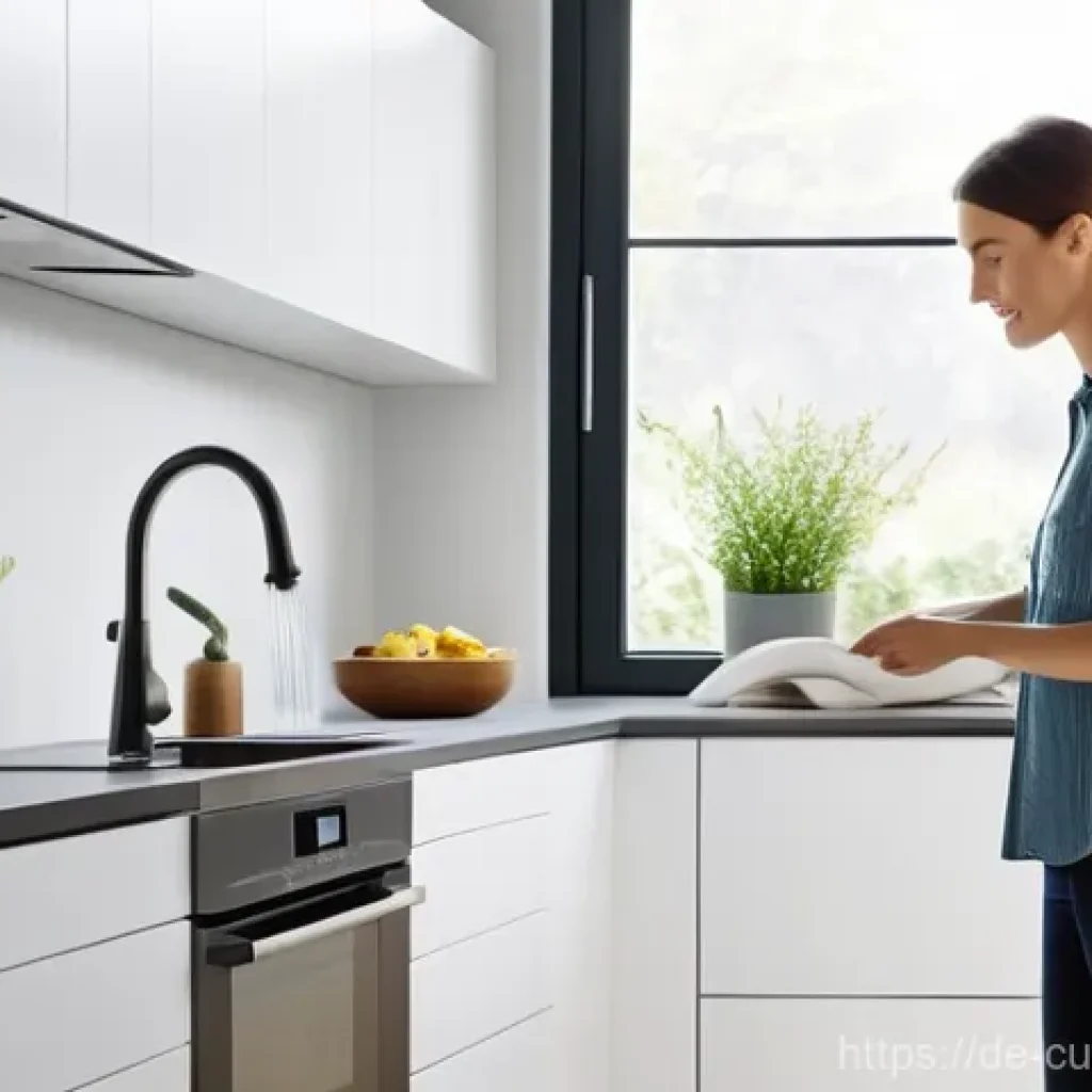 물 절약을 위한 간편한 조리 도구 - **Prompt:** A modern, minimalist kitchen bathed in soft, natural light, featuring sleek, state-of-th...