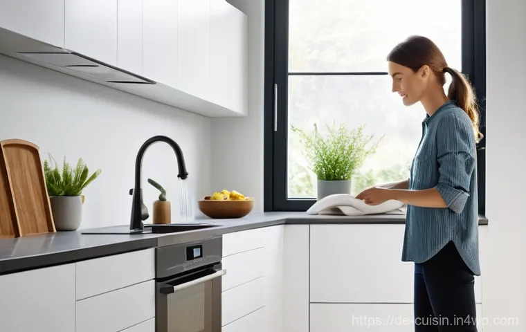 물 절약을 위한 간편한 조리 도구 - **Prompt:** A modern, minimalist kitchen bathed in soft, natural light, featuring sleek, state-of-th...