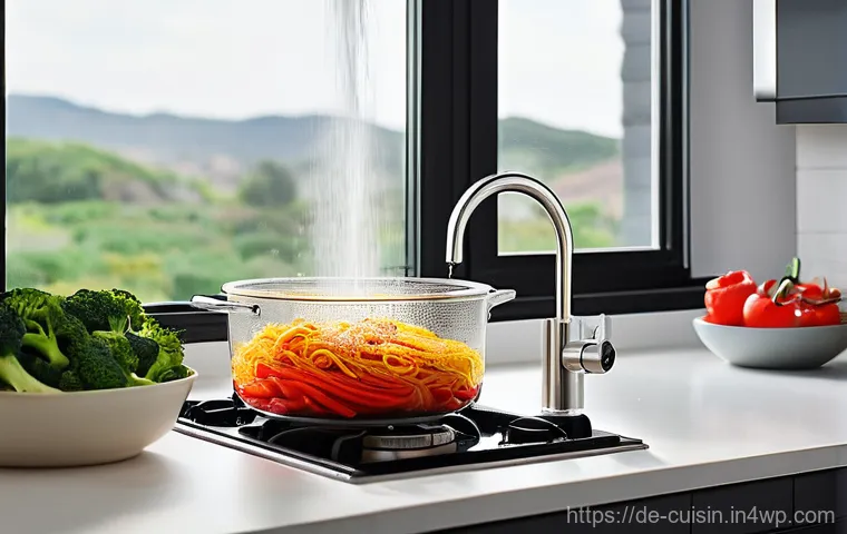 물 절약을 위한 간편한 조리 도구 - **Prompt:** A modern, minimalist kitchen bathed in soft, natural light, featuring sleek, state-of-th...