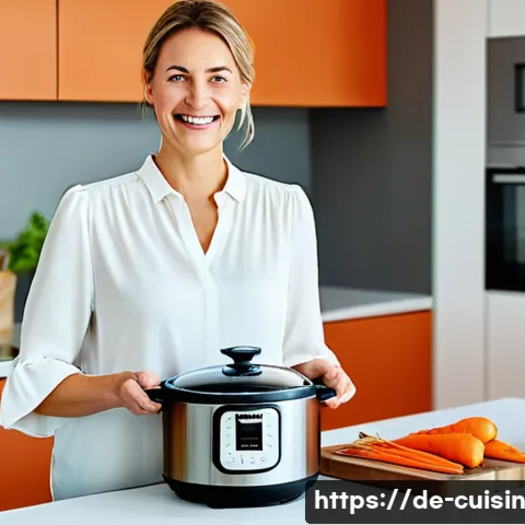 압력솥을 이용한 물 절약 요리 - A bright, modern German kitchen bathed in soft, natural morning light. A woman in her mid-30s, with ...