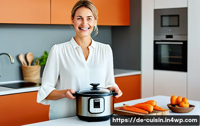 압력솥을 이용한 물 절약 요리 - A bright, modern German kitchen bathed in soft, natural morning light. A woman in her mid-30s, with ...