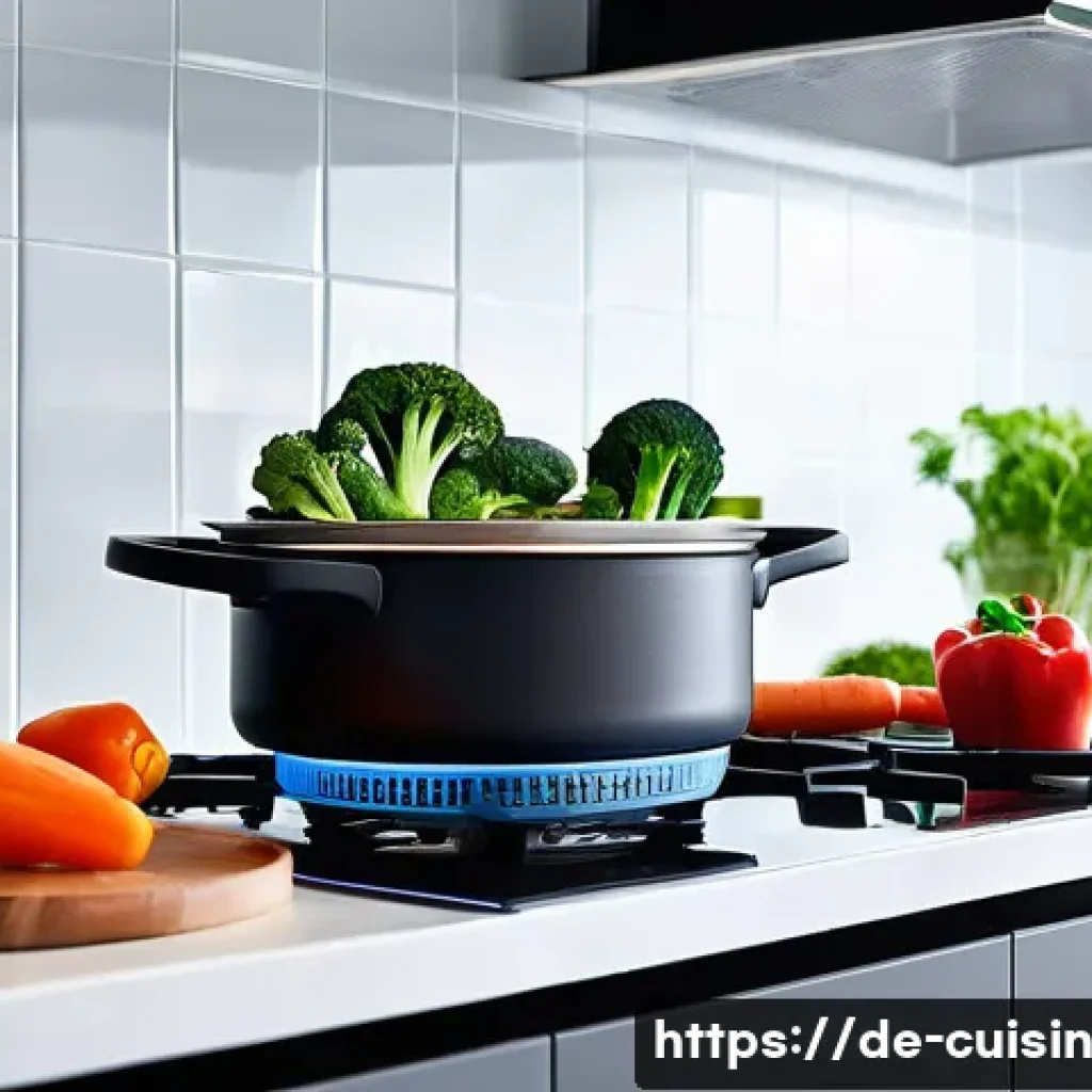 영양가 높은 물 절약 요리법 - A modern German kitchen scene featuring a steaming vegetable basket over a pot of boiling water, emp...