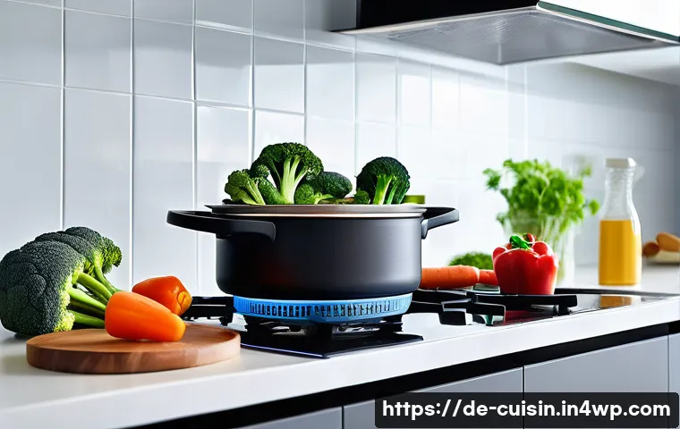 영양가 높은 물 절약 요리법 - A modern German kitchen scene featuring a steaming vegetable basket over a pot of boiling water, emp...