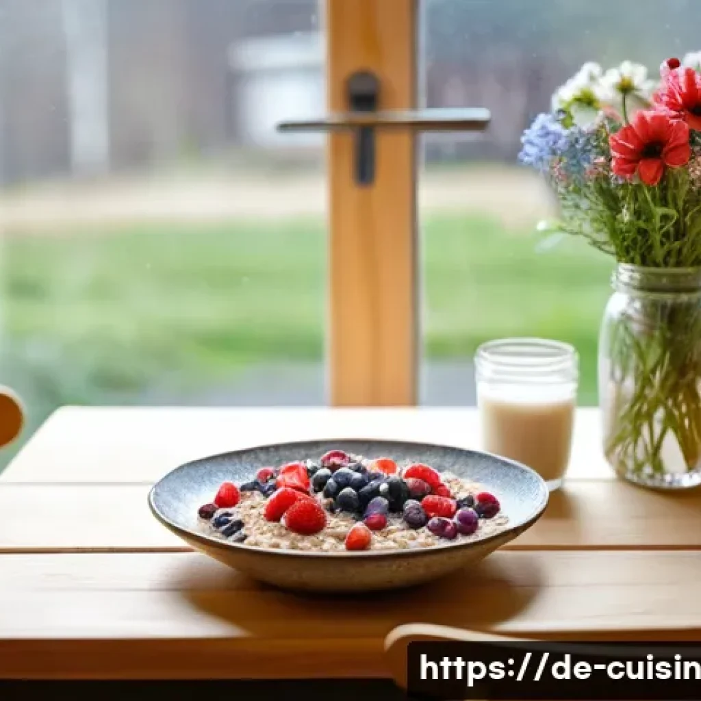 물 절약을 위한 건강한 아침식사 레시피 - A cozy, bright kitchen scene featuring a German breakfast table set with a bowl of oatmeal porridge ...