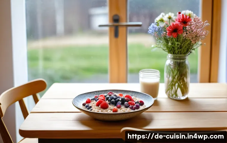물 절약을 위한 건강한 아침식사 레시피 - A cozy, bright kitchen scene featuring a German breakfast table set with a bowl of oatmeal porridge ...