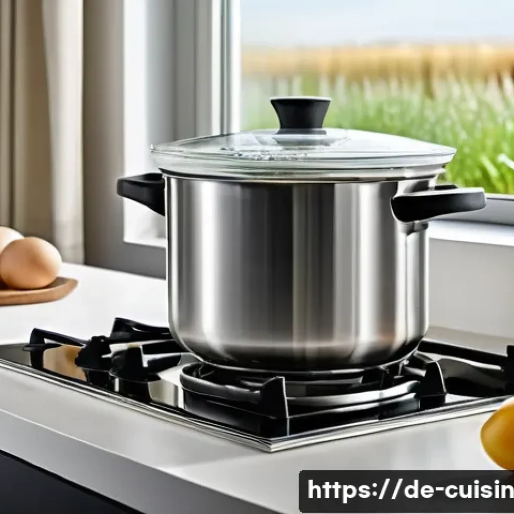 물 절약을 위한 요리 도전 과제 - A modern German kitchen scene featuring a pot of mixed vegetables, potatoes, and eggs boiling togeth...