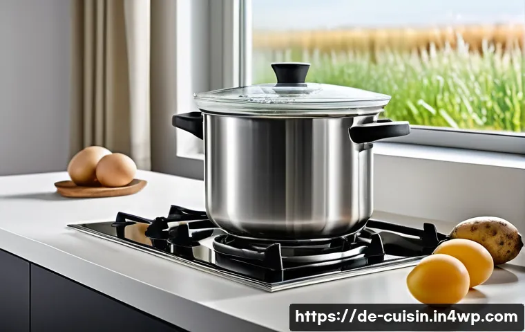 물 절약을 위한 요리 도전 과제 - A modern German kitchen scene featuring a pot of mixed vegetables, potatoes, and eggs boiling togeth...