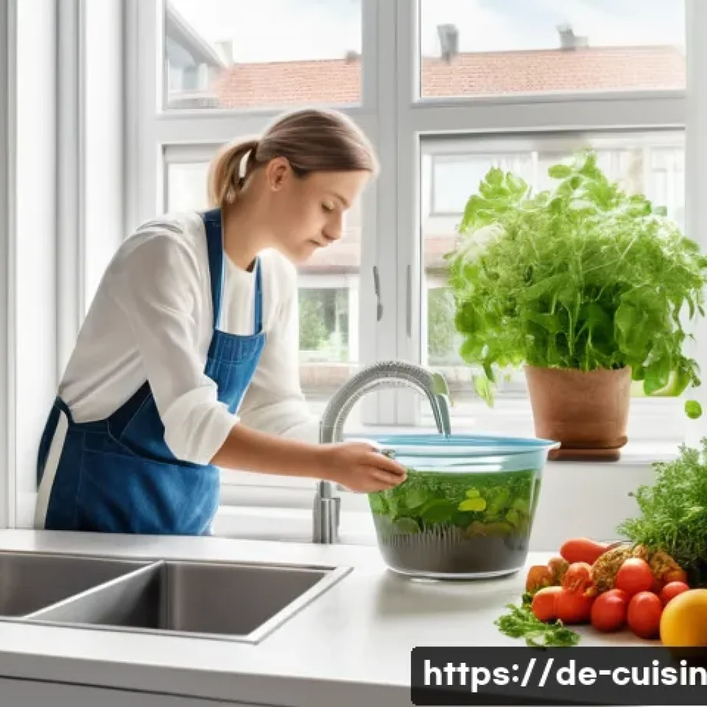 효율적인 물 사용을 위한 요리 전략 - A modern German kitchen scene showing a person washing fresh vegetables and fruits efficiently using...