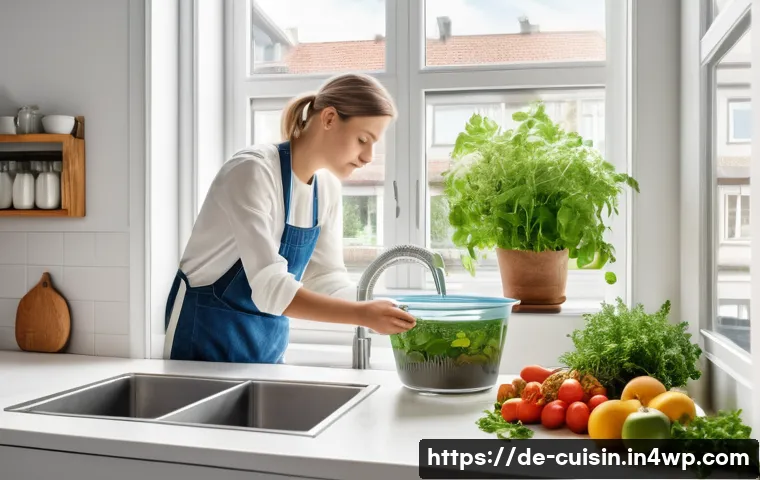 효율적인 물 사용을 위한 요리 전략 - A modern German kitchen scene showing a person washing fresh vegetables and fruits efficiently using...