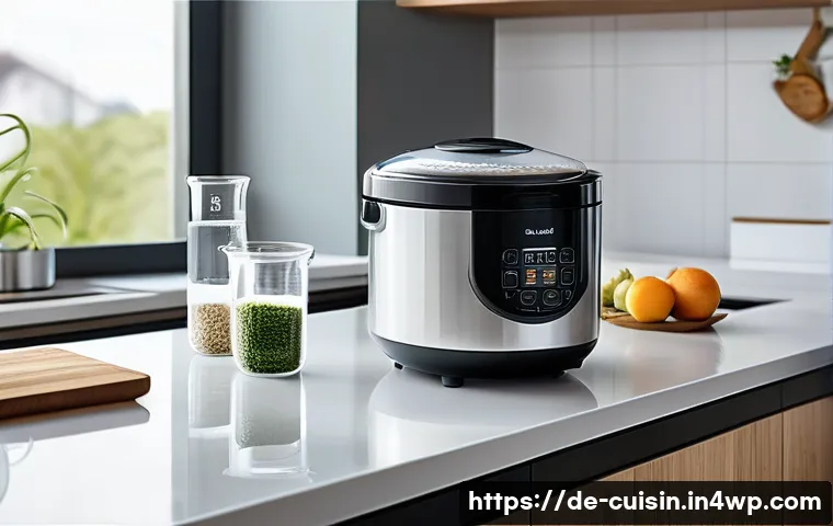 물 절약을 위한 쌀 조리 방법 - A modern German kitchen scene featuring a middle-aged person measuring precise amounts of long-grain...