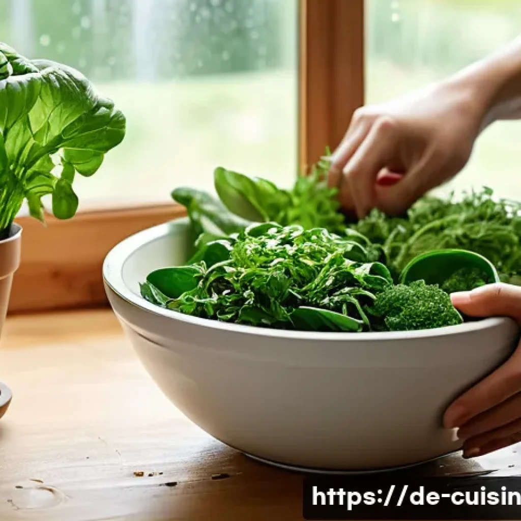 물 절약을 위한 간편 조리법 - A modern German kitchen scene showing a large ceramic bowl filled with fresh leafy greens soaking in...