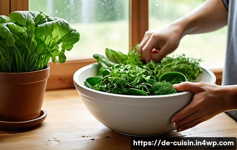 물 절약을 위한 간편 조리법 - A modern German kitchen scene showing a large ceramic bowl filled with fresh leafy greens soaking in...