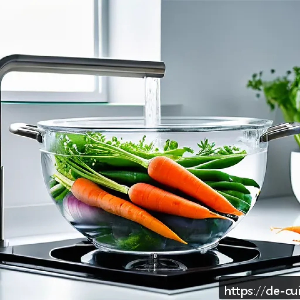 물 절약을 위한 대안 조리법 - A modern German kitchen scene focusing on efficient cooking with minimal water usage: a sleek stainl...