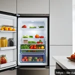 Home 22 물 절약을 위한 효율적인 냉장 보관법 - A modern German kitchen interior featuring an energy-efficient refrigerator with the door open, show...