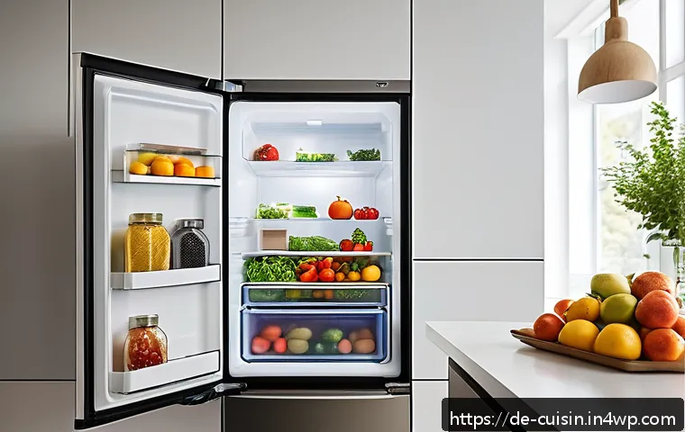 물 절약을 위한 효율적인 냉장 보관법 - A modern German kitchen interior featuring an energy-efficient refrigerator with the door open, show...