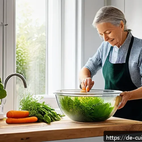Home 33 물 절약을 고려한 주말 요리 계획 - A cozy modern German kitchen scene showing a middle-aged person carefully washing fresh vegetables i...