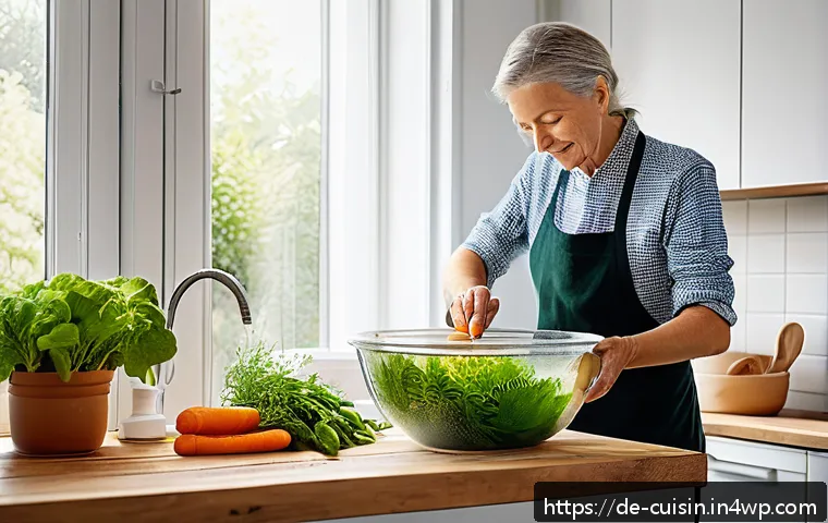 물 절약을 고려한 주말 요리 계획 - A cozy modern German kitchen scene showing a middle-aged person carefully washing fresh vegetables i...