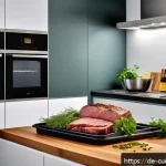 Home 20 물 절약을 위한 고기 조리법 - A cozy German kitchen scene showcasing a refrigerated drawer with vacuum-sealed meat packages thawin...