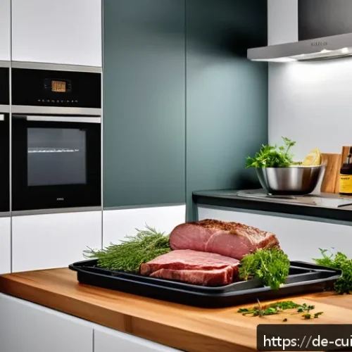 Home 32 물 절약을 위한 고기 조리법 - A cozy German kitchen scene showcasing a refrigerated drawer with vacuum-sealed meat packages thawin...