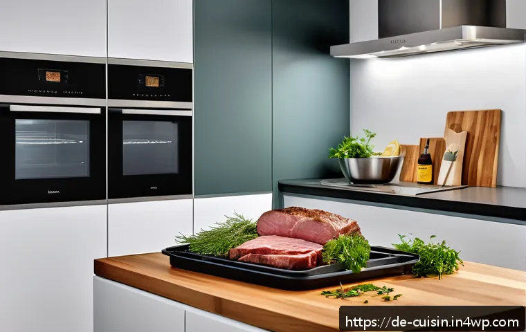 물 절약을 위한 고기 조리법 - A cozy German kitchen scene showcasing a refrigerated drawer with vacuum-sealed meat packages thawin...
