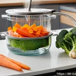 Home 19 물 절약 요리를 위한 매뉴얼 - A modern German kitchen scene showing a person pouring nutrient-rich vegetable cooking water from a ...