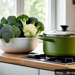 Home 18 물 절약을 위한 저칼로리 요리법 - A cozy modern kitchen scene focused on a large pot with a steaming steamer insert filled with fresh ...