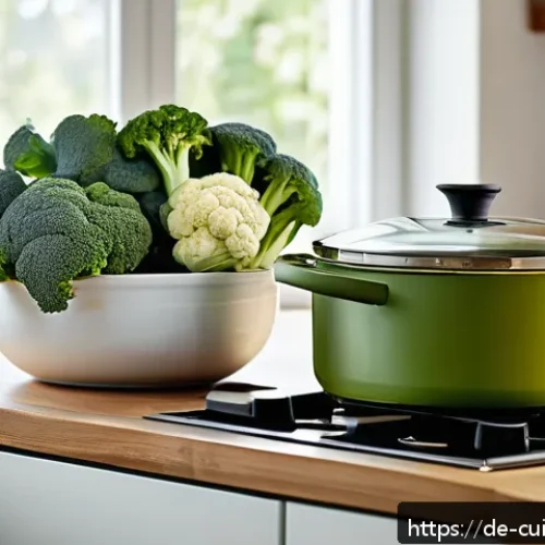 Home 30 물 절약을 위한 저칼로리 요리법 - A cozy modern kitchen scene focused on a large pot with a steaming steamer insert filled with fresh ...