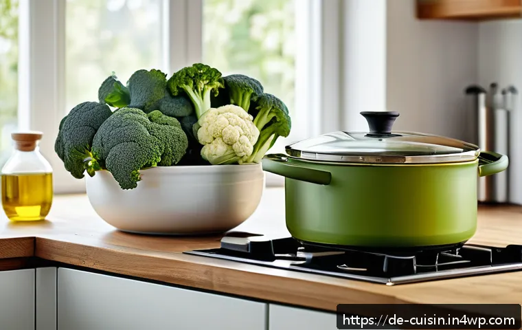 물 절약을 위한 저칼로리 요리법 - A cozy modern kitchen scene focused on a large pot with a steaming steamer insert filled with fresh ...
