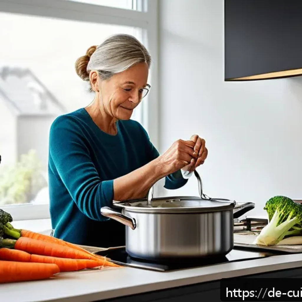 물 절약을 위한 조리법 FAQ - A modern German kitchen scene showing a middle-aged person gently steaming broccoli and carrots in a...