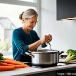 Home 23 물 절약을 위한 조리법 FAQ - A modern German kitchen scene showing a middle-aged person gently steaming broccoli and carrots in a...