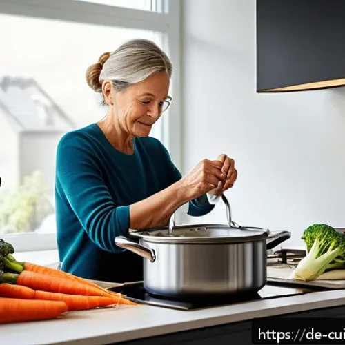 Home 17 물 절약을 위한 조리법 FAQ - A modern German kitchen scene showing a middle-aged person gently steaming broccoli and carrots in a...