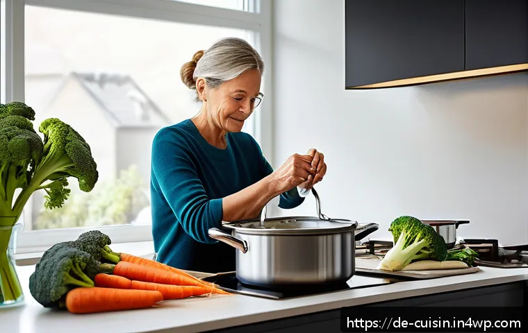 물 절약을 위한 조리법 FAQ - A modern German kitchen scene showing a middle-aged person gently steaming broccoli and carrots in a...