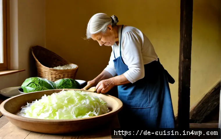 Home 17 물 절약을 위한 전통 발효 음식 - Photorealistic German farmhouse kitchen, a large stoneware crock of homemade sauerkraut fermenting b...