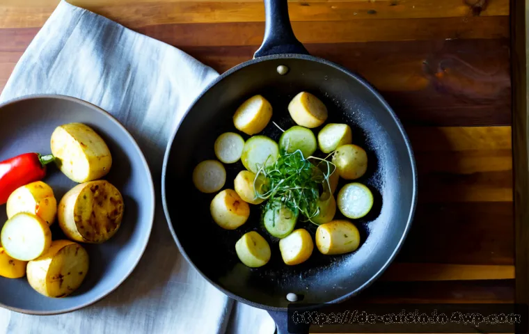 물 없이 만드는 간단한 요리 - Photorealistic overhead view of a simple waterless one-pan meal: golden pan-fried potatoes, sliced z...